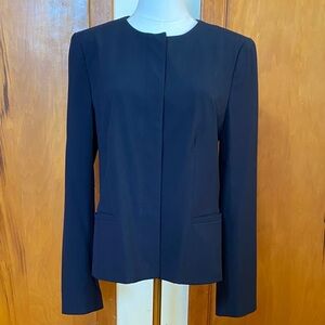 Ann Taylor Navy Blue Blazer Collarless Hidden Buttons Pockets Lined Length 24”
